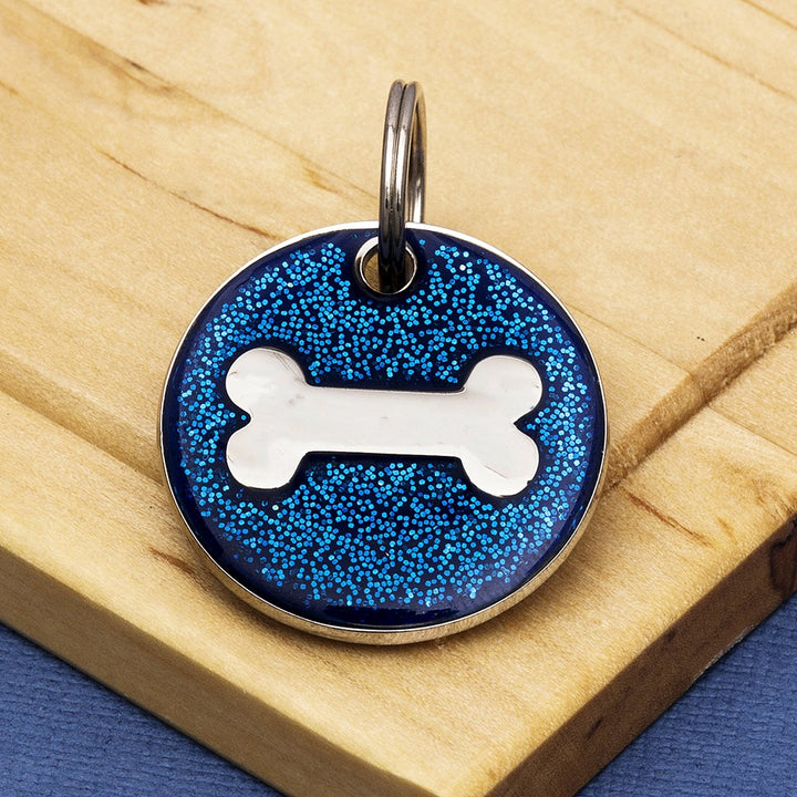 Dog Bone Identity Tag - Coloured Glitter Enamel & Engraved - Small Size (25mm wide)
