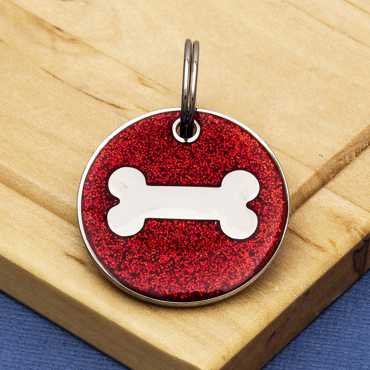 Dog Bone Identity Tag - Coloured Glitter Enamel & Engraved - Small Size (25mm wide)