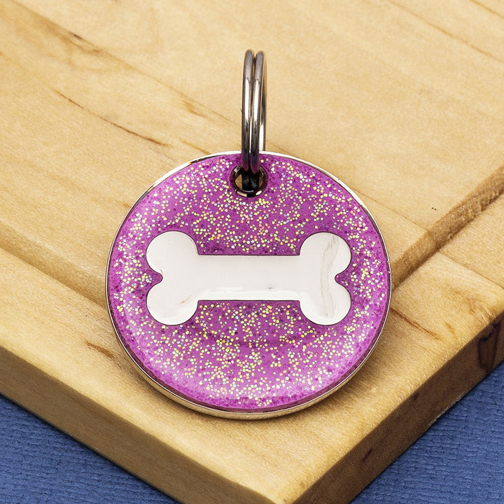 Dog Bone Identity Tag - Coloured Glitter Enamel & Engraved - Small Size (25mm wide)