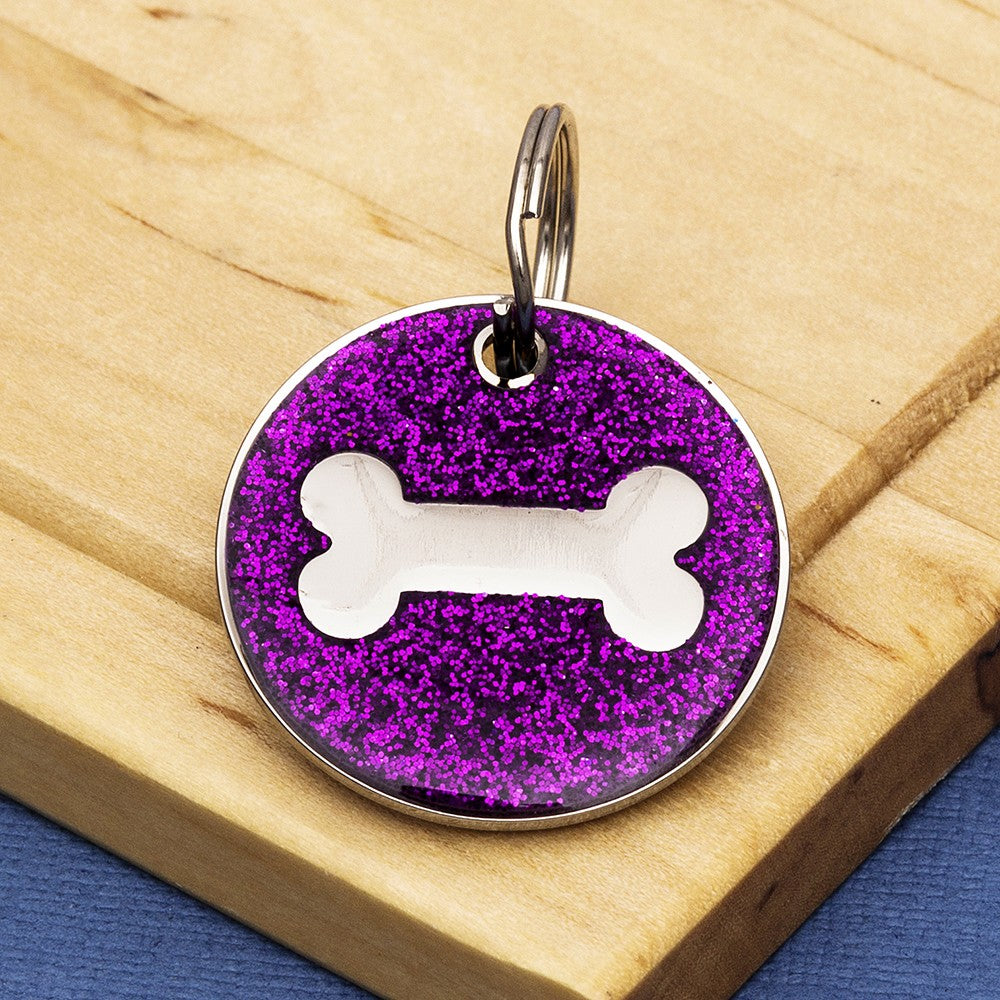 Dog Bone Identity Tag - Coloured Glitter Enamel & Engraved - Small Size (25mm wide)