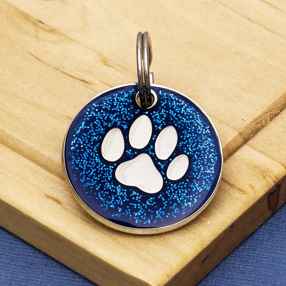 Glittery Paw Dog ID Tag - Available Black & Blue (25mm wide)