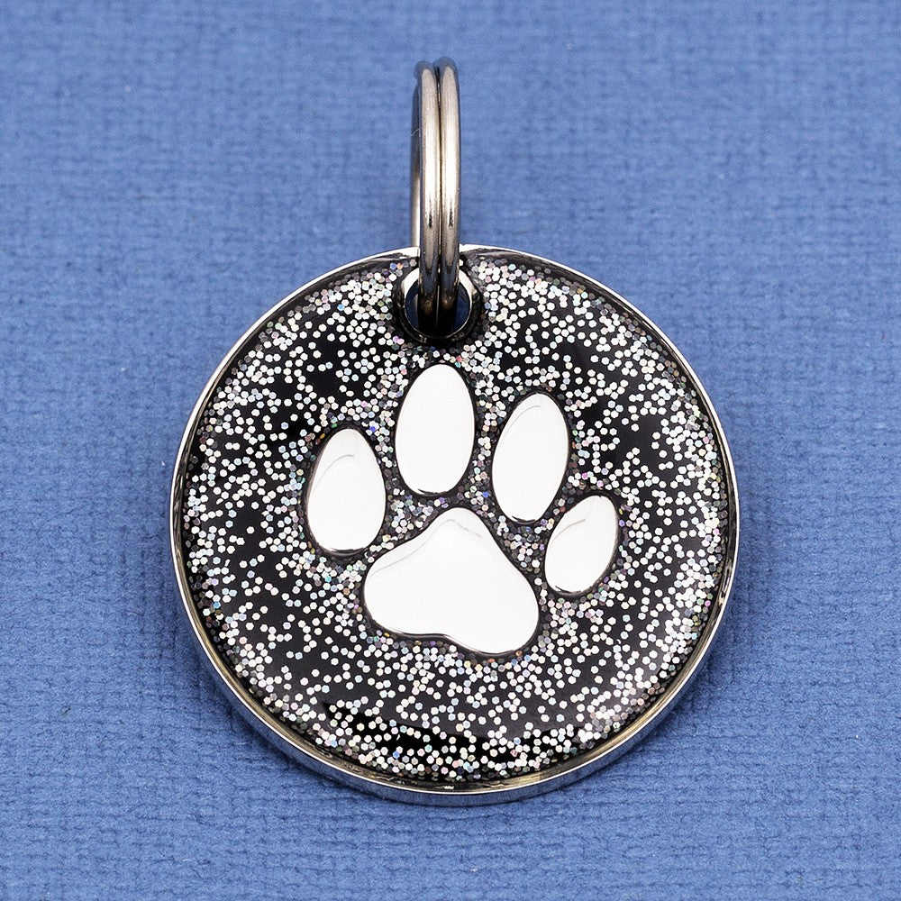 Black Glitter Paw Dog Id Tag