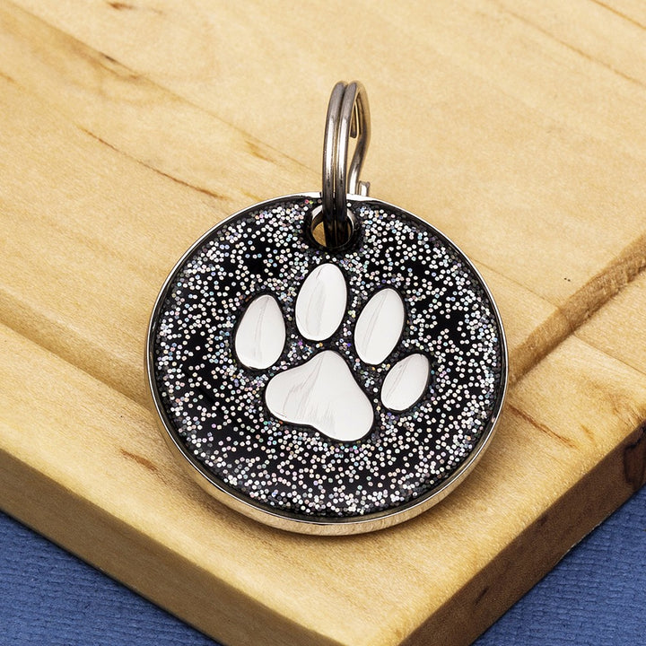 Black Glitter Paw Dog Id Tag