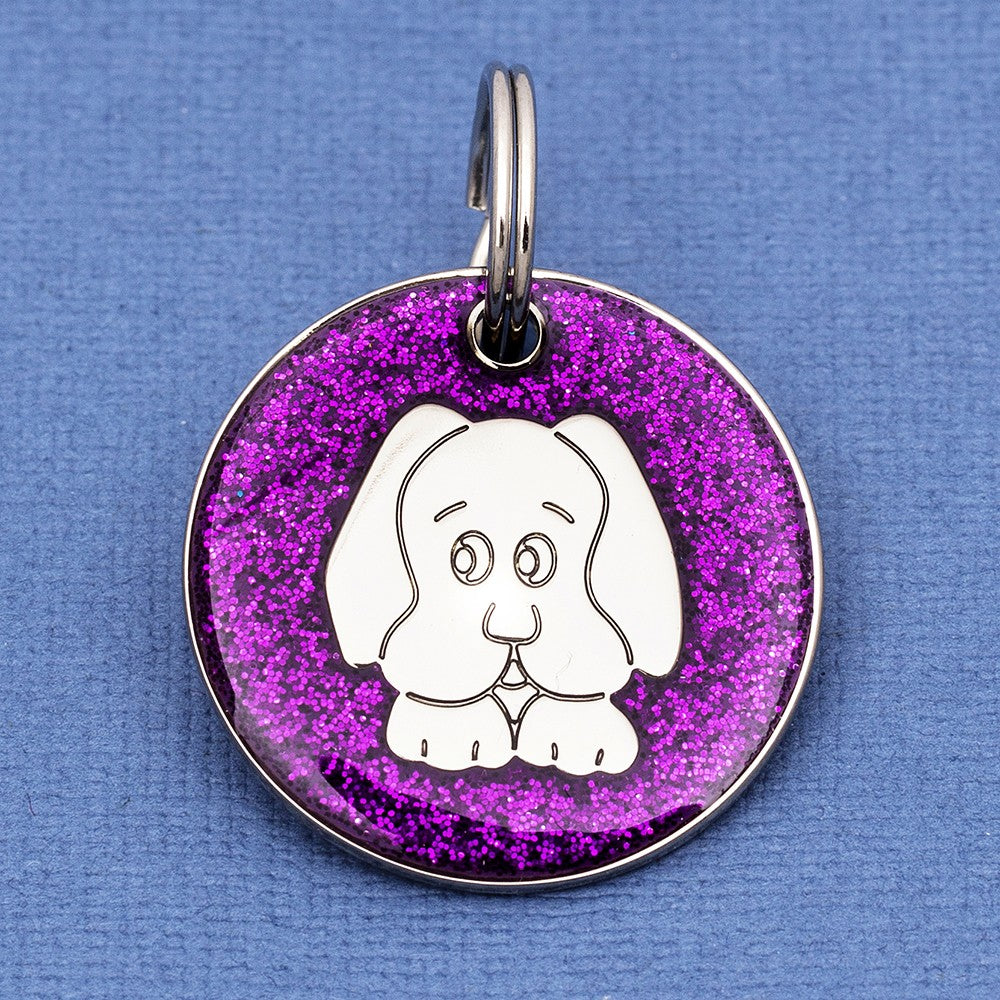 Coloured Glitter Enamel Dog Face Pet ID Tag - Small Size (25mm wide)