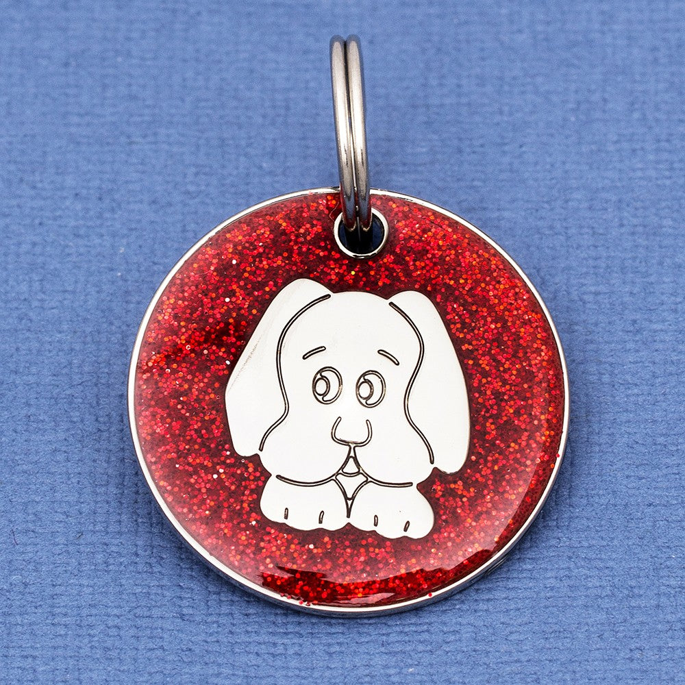 Coloured Glitter Enamel Dog Face Pet ID Tag - Small Size (25mm wide)