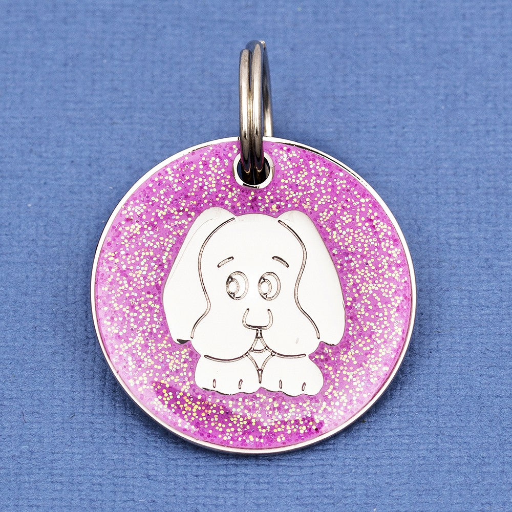 Coloured Glitter Enamel Dog Face Pet ID Tag - Small Size (25mm wide)