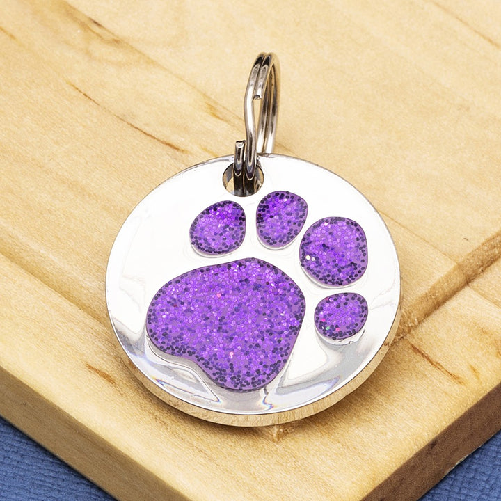 Purple Glitter Paw Print Dog ID Tag