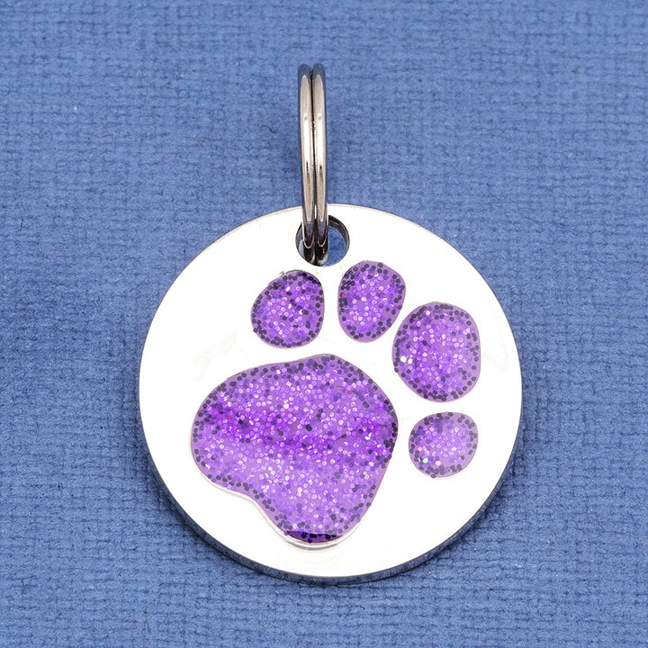 Purple Glitter Paw Print Dog ID Tag