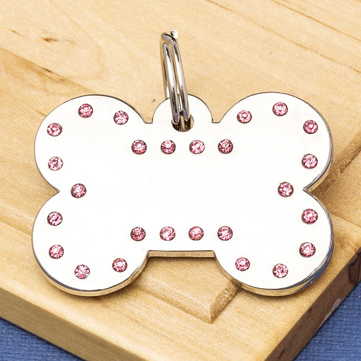 Luxury Crystal Embedded Chrome Dog Bone ID Tag - Medium (28 x 38mm)