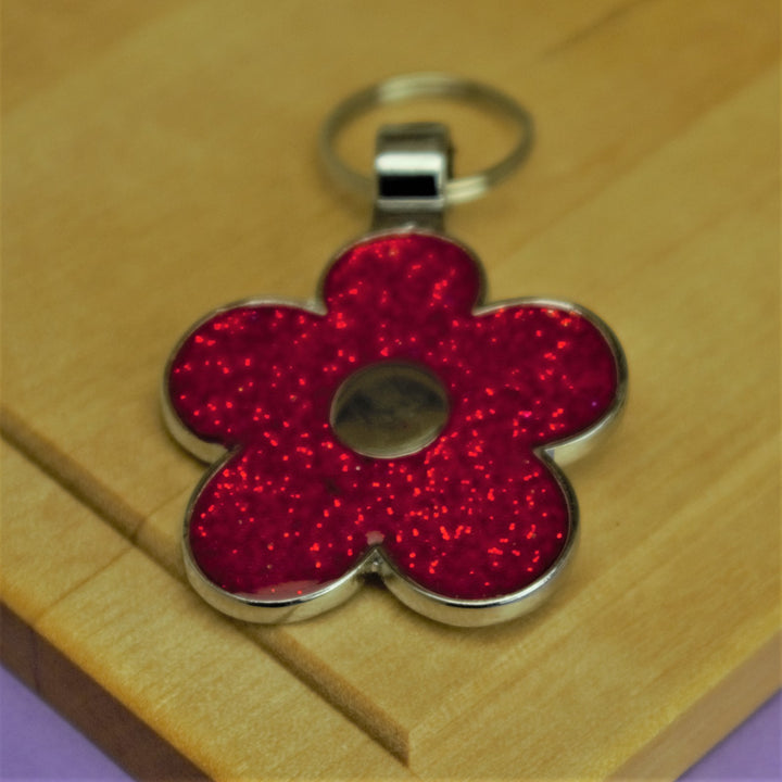 Red Glitter Flower Pet Id Tag