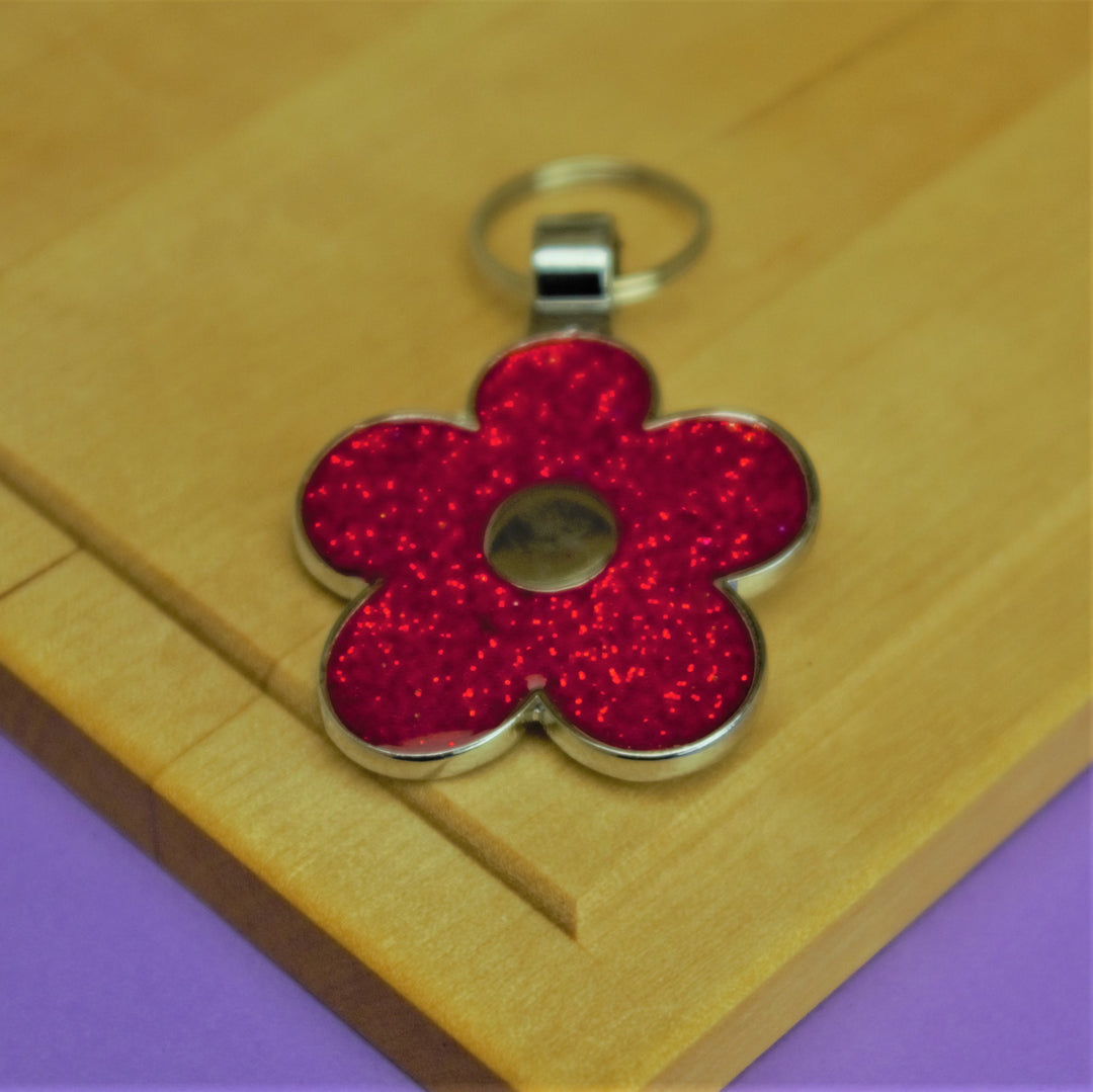Red Glitter Flower Pet Id Tag