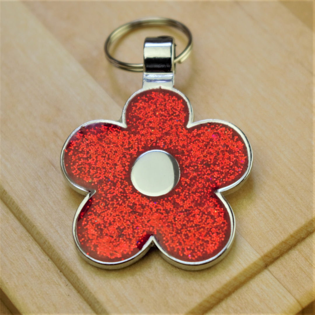 Red Glitter Flower Pet Id Tag