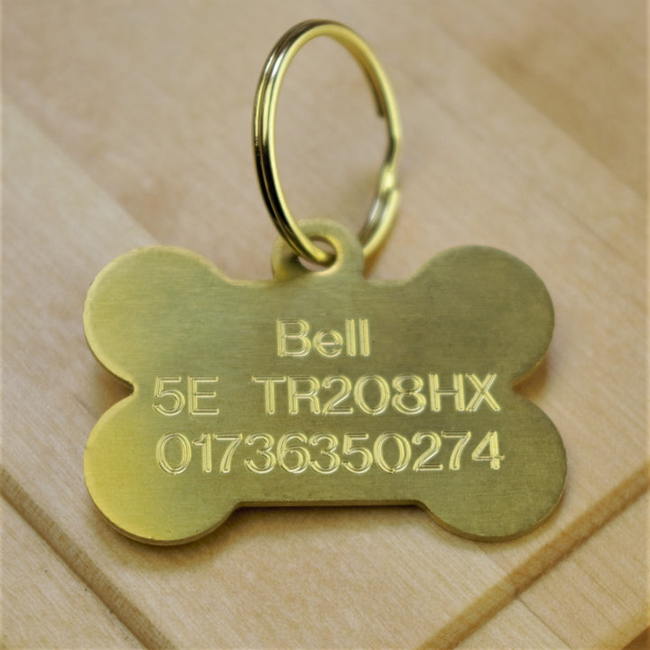 Brass Bone Shaped Engraved Dog Tag - Small & Medium Sizes