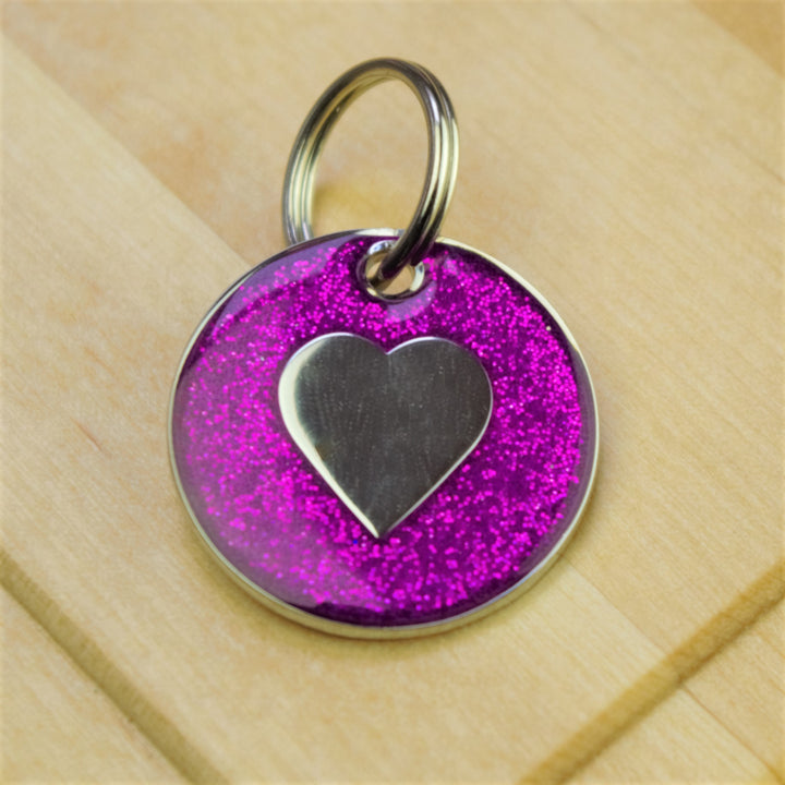 Coloured Glitter & Enamel Heart Pet ID Tag - Small Size (25mm wide)