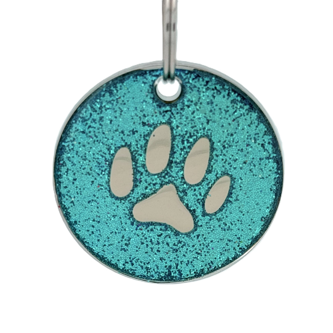 Teal Glittery Paw Dog ID Tag