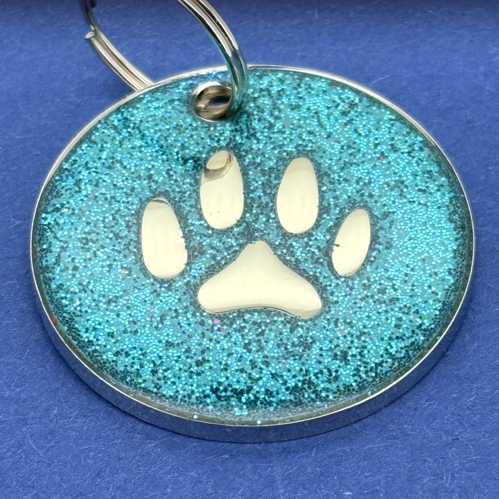 Teal Glittery Paw Dog ID Tag
